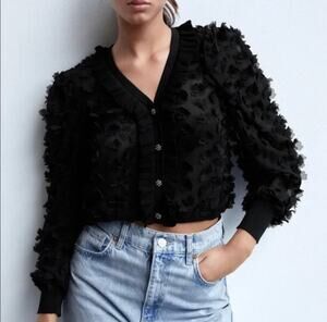 Zara Womens Sheer 3D Floral Cardigan Small Business Casual Semi Formal